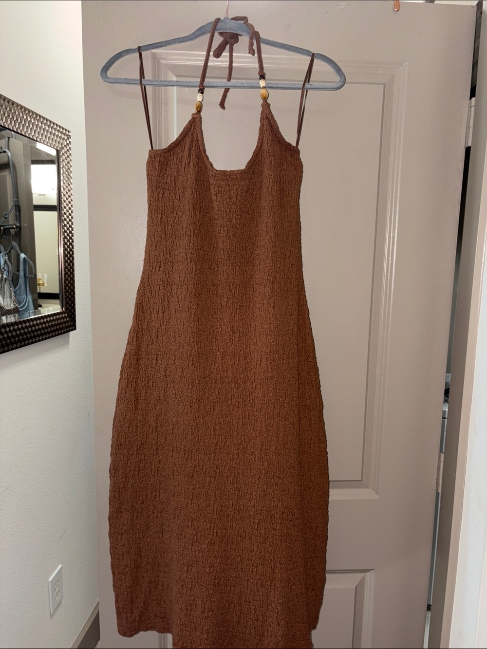 Brown Textured Halter Midi Dress